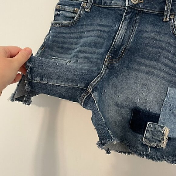 M JEANS BY MAURICES Patchwork Mid Rise 5 in Short Denim Jean Distressed Raw Hem - Picture 6 of 10